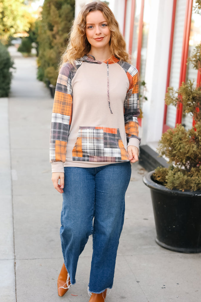 Good With It Orange & Taupe Plaid Terry Kangaroo Pocket Hoodie-Timber Brooke Boutique, Online Women's Fashion Boutique in Amarillo, Texas