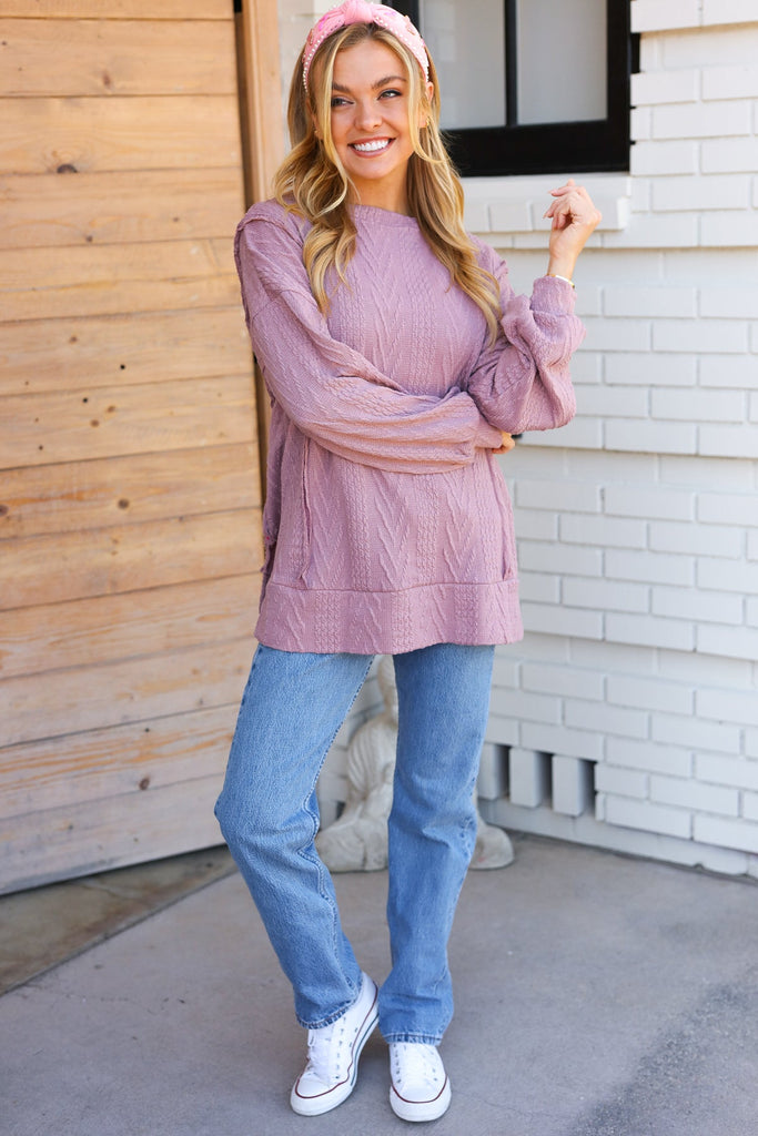 Back To Basics Mauve Jacquard Cable Pullover Top-Timber Brooke Boutique, Online Women's Fashion Boutique in Amarillo, Texas