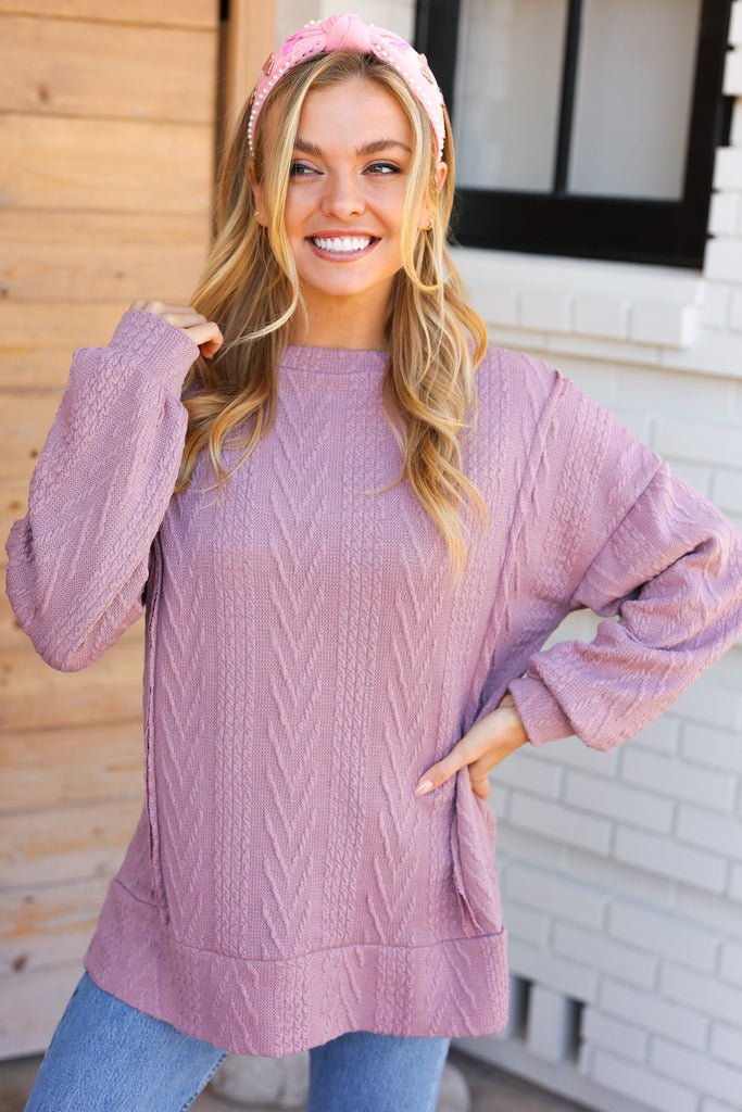 Back To Basics Mauve Jacquard Cable Pullover Top-Timber Brooke Boutique, Online Women's Fashion Boutique in Amarillo, Texas