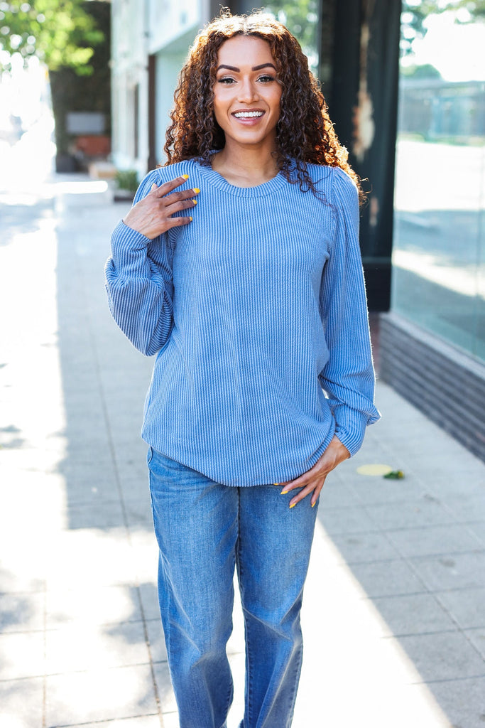 Everyday Vintage Denim Rib Mineral Wash Long Sleeve Top-Timber Brooke Boutique, Online Women's Fashion Boutique in Amarillo, Texas