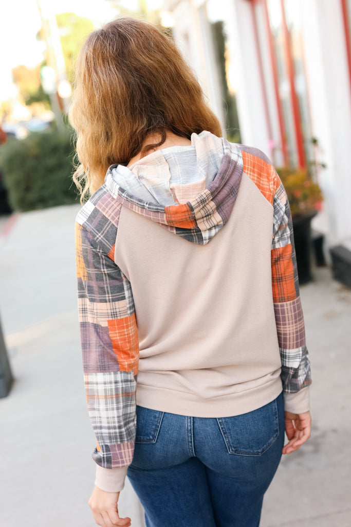 Good With It Orange & Taupe Plaid Terry Kangaroo Pocket Hoodie-Timber Brooke Boutique, Online Women's Fashion Boutique in Amarillo, Texas