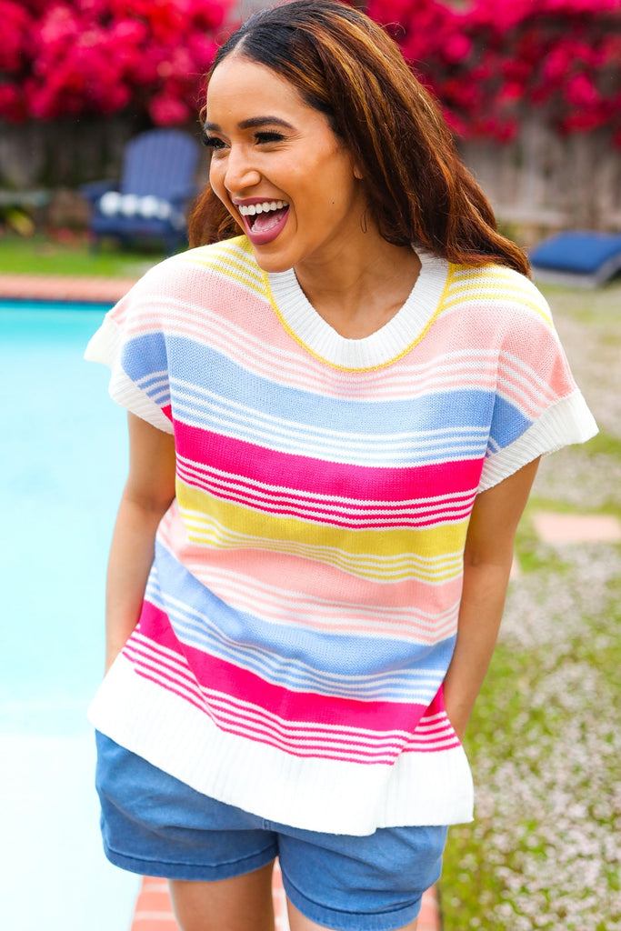 Feeling Playful Blue & Fuchsia Striped Short Dolman Sleeve Knit Top-Timber Brooke Boutique, Online Women's Fashion Boutique in Amarillo, Texas