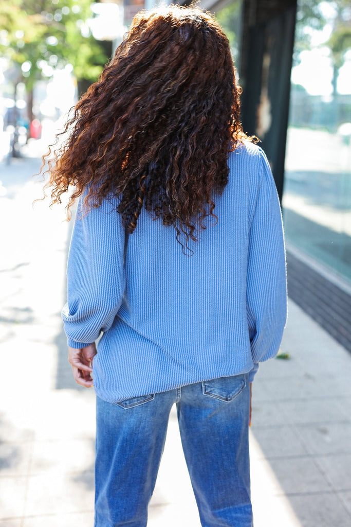 Everyday Vintage Denim Rib Mineral Wash Long Sleeve Top-Timber Brooke Boutique, Online Women's Fashion Boutique in Amarillo, Texas