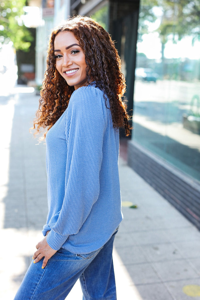 Everyday Vintage Denim Rib Mineral Wash Long Sleeve Top-Timber Brooke Boutique, Online Women's Fashion Boutique in Amarillo, Texas