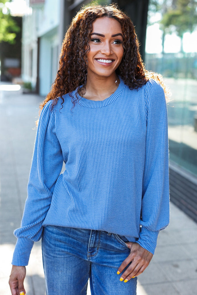 Everyday Vintage Denim Rib Mineral Wash Long Sleeve Top-Timber Brooke Boutique, Online Women's Fashion Boutique in Amarillo, Texas