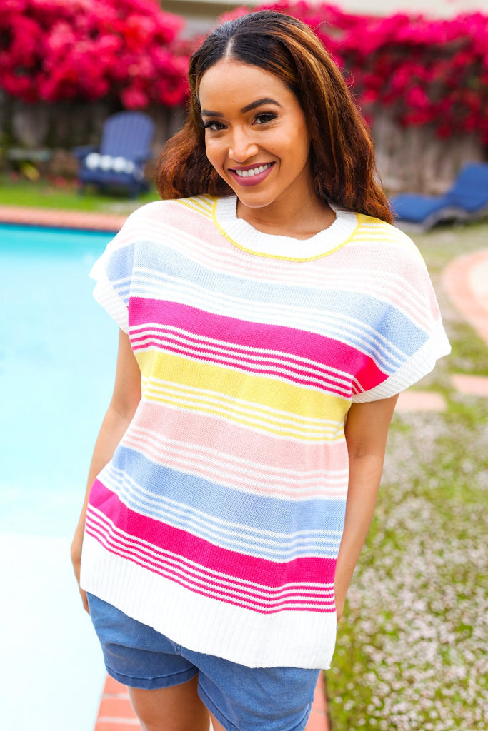 Feeling Playful Blue & Fuchsia Striped Short Dolman Sleeve Knit Top-Timber Brooke Boutique, Online Women's Fashion Boutique in Amarillo, Texas