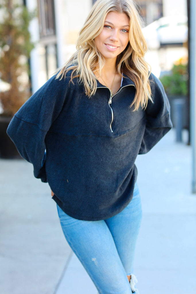 Charcoal Half Zip Hacci Pullover Sweater-Timber Brooke Boutique, Online Women's Fashion Boutique in Amarillo, Texas