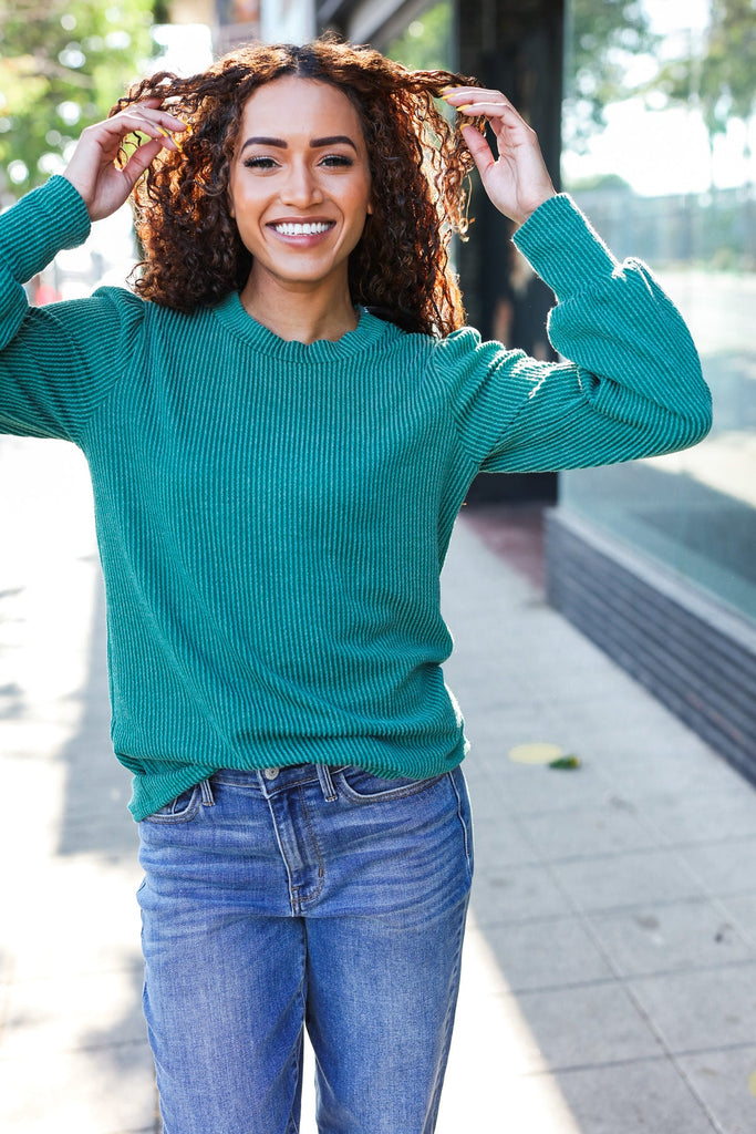 Everyday Hunter Green Rib Mineral Wash Long Sleeve Top-Timber Brooke Boutique, Online Women's Fashion Boutique in Amarillo, Texas