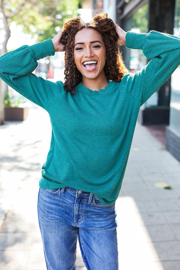 Everyday Hunter Green Rib Mineral Wash Long Sleeve Top-Timber Brooke Boutique, Online Women's Fashion Boutique in Amarillo, Texas