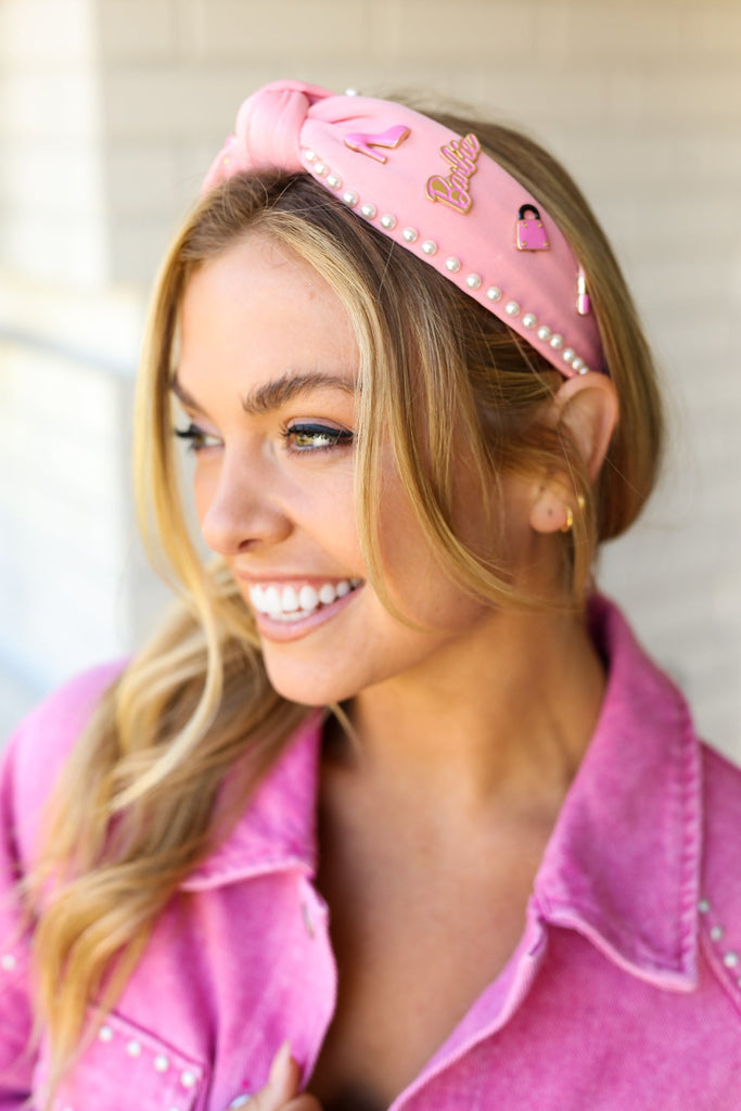 Barbie Pink Pearl Embellished Top Knot Headband-Timber Brooke Boutique, Online Women's Fashion Boutique in Amarillo, Texas