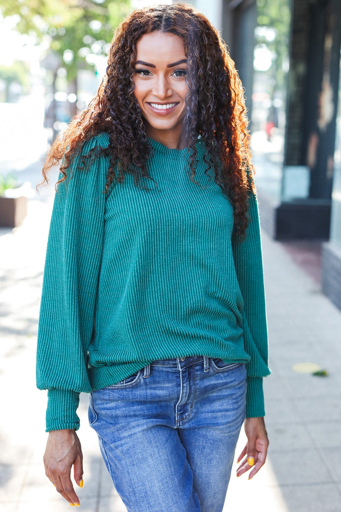 Everyday Hunter Green Rib Mineral Wash Long Sleeve Top-Timber Brooke Boutique, Online Women's Fashion Boutique in Amarillo, Texas