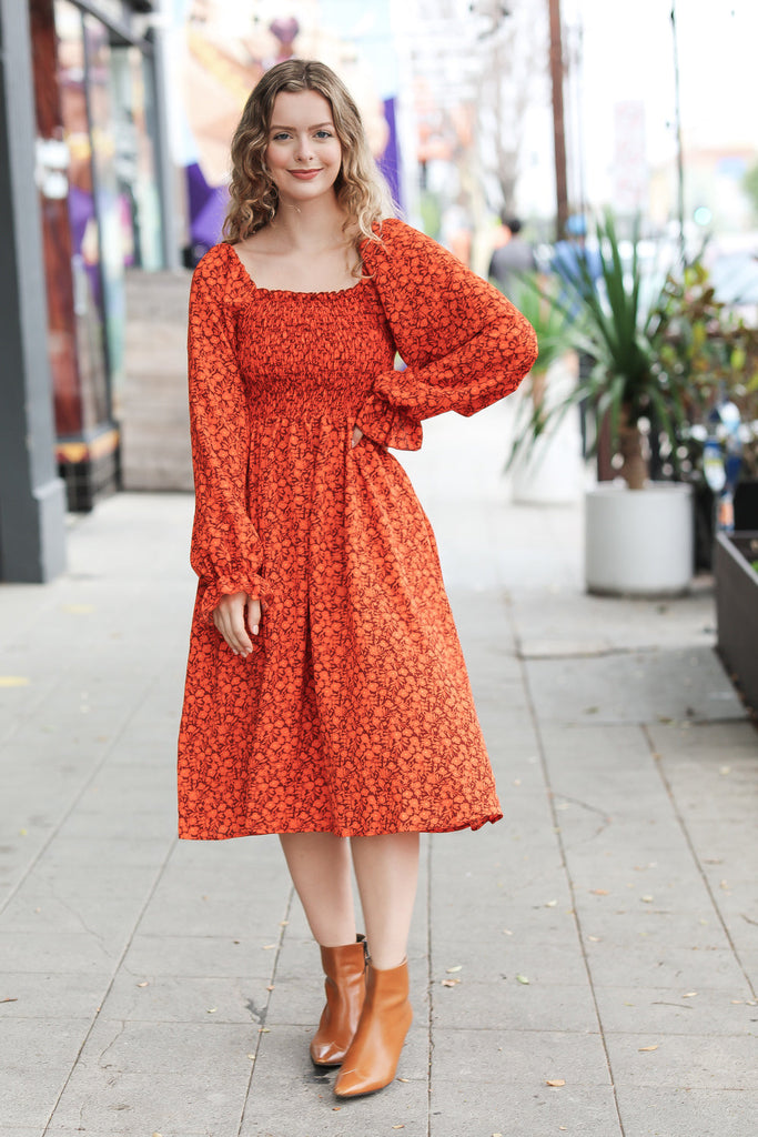 Keep You Close Rust Smocking Ditsy Floral Woven Dress-Timber Brooke Boutique, Online Women's Fashion Boutique in Amarillo, Texas