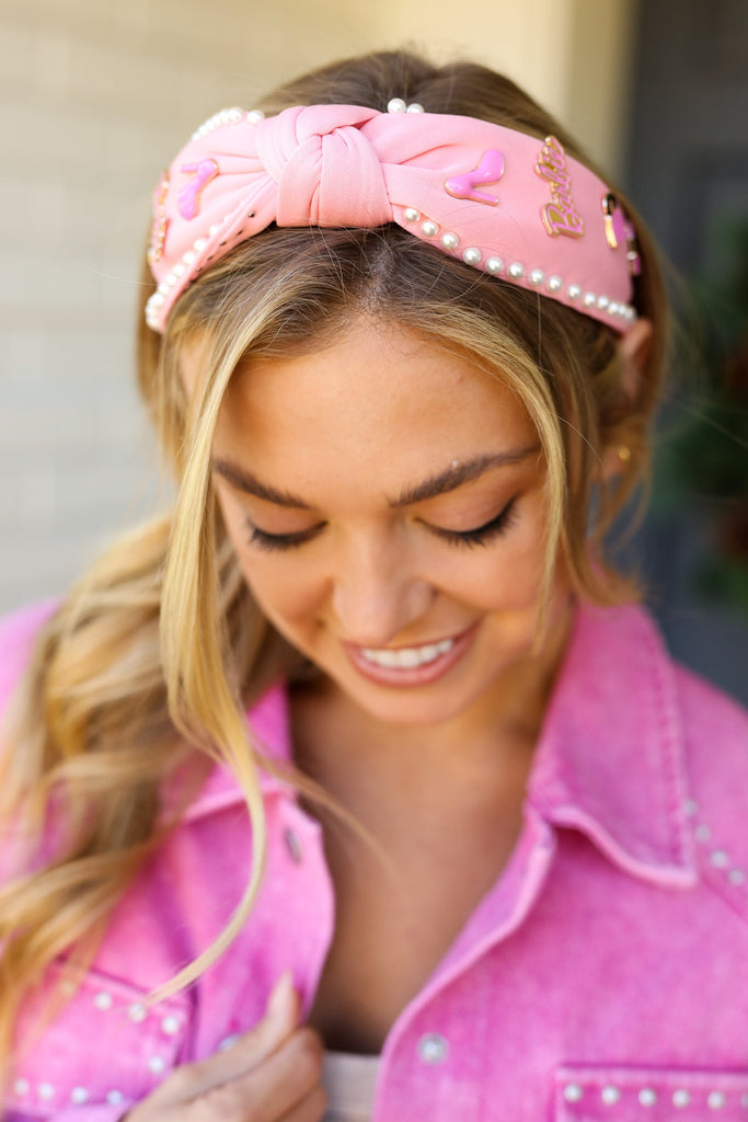 Barbie Pink Pearl Embellished Top Knot Headband-Timber Brooke Boutique, Online Women's Fashion Boutique in Amarillo, Texas