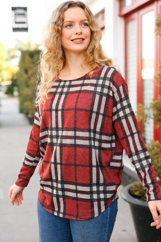 Perfectly You Red Plaid Boat Neck Long Sleeve Top-Timber Brooke Boutique, Online Women's Fashion Boutique in Amarillo, Texas