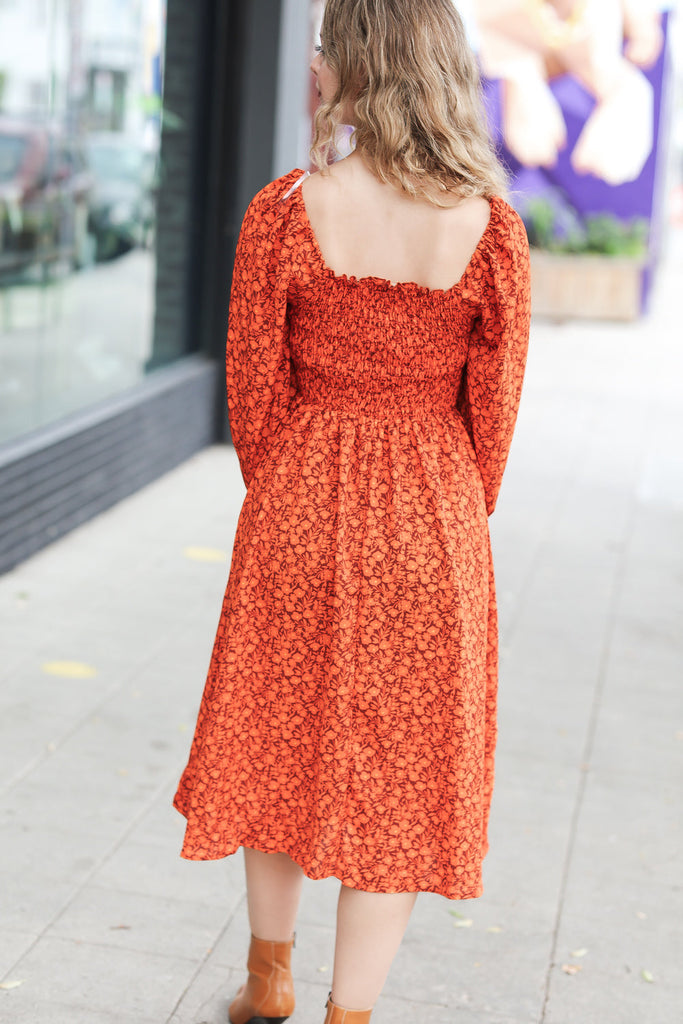 Keep You Close Rust Smocking Ditsy Floral Woven Dress-Timber Brooke Boutique, Online Women's Fashion Boutique in Amarillo, Texas