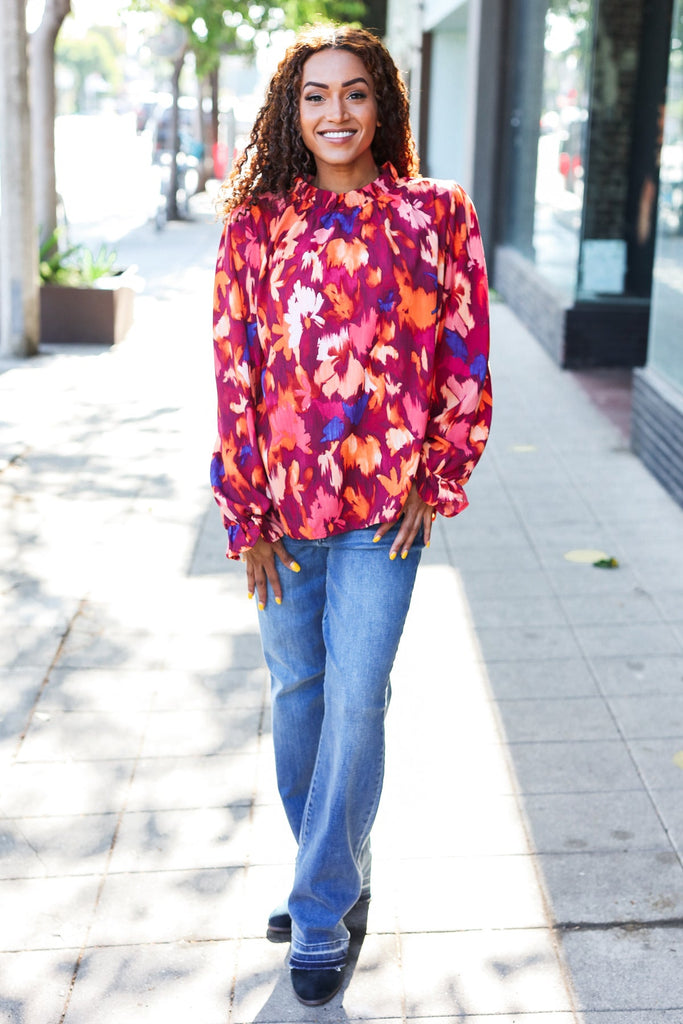 You Got This Wine Floral Print Print Frill Mock Neck Top-Timber Brooke Boutique, Online Women's Fashion Boutique in Amarillo, Texas