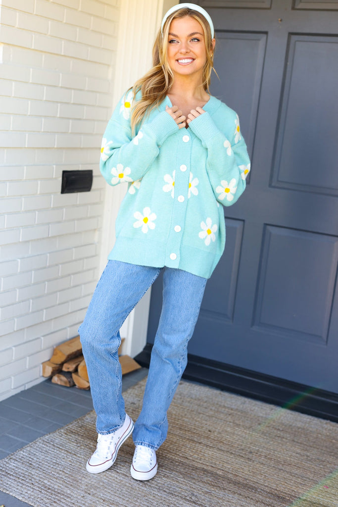 All For Love Mint Daisy Print Button Down Knit Cardigan-Timber Brooke Boutique, Online Women's Fashion Boutique in Amarillo, Texas