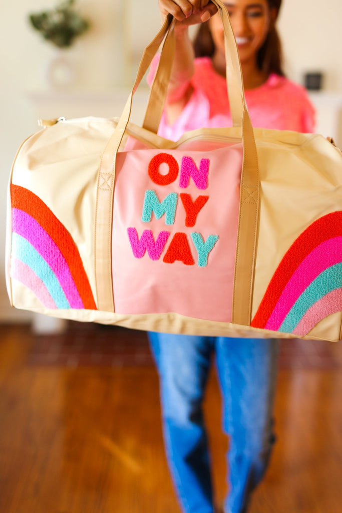 Pink "On My Way" Embroidered Duffle Bag-Timber Brooke Boutique, Online Women's Fashion Boutique in Amarillo, Texas