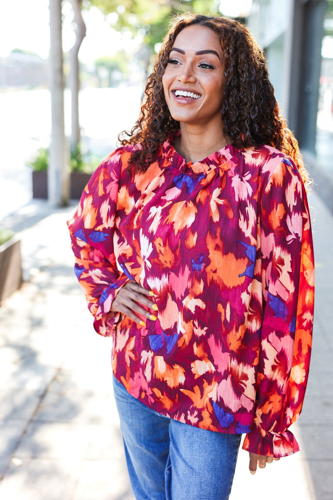 You Got This Wine Floral Print Print Frill Mock Neck Top-Timber Brooke Boutique, Online Women's Fashion Boutique in Amarillo, Texas