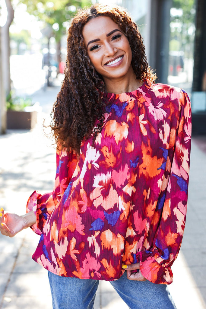 You Got This Wine Floral Print Print Frill Mock Neck Top-Timber Brooke Boutique, Online Women's Fashion Boutique in Amarillo, Texas