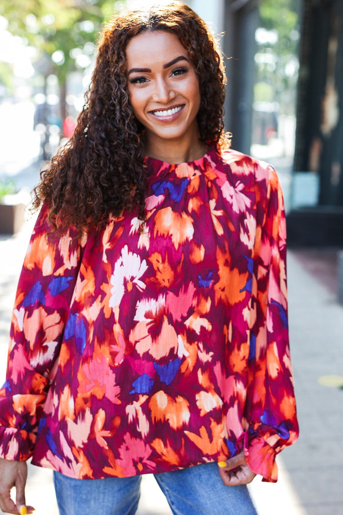 You Got This Wine Floral Print Print Frill Mock Neck Top-Timber Brooke Boutique, Online Women's Fashion Boutique in Amarillo, Texas