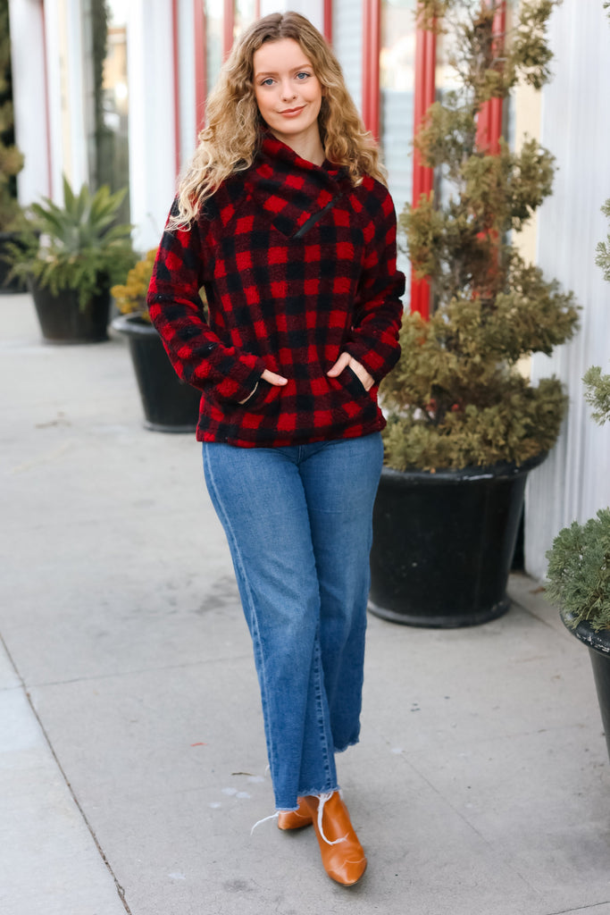 So Cozy Red Sherpa Plaid Asymmetrical Zip Sweater Top-Timber Brooke Boutique, Online Women's Fashion Boutique in Amarillo, Texas