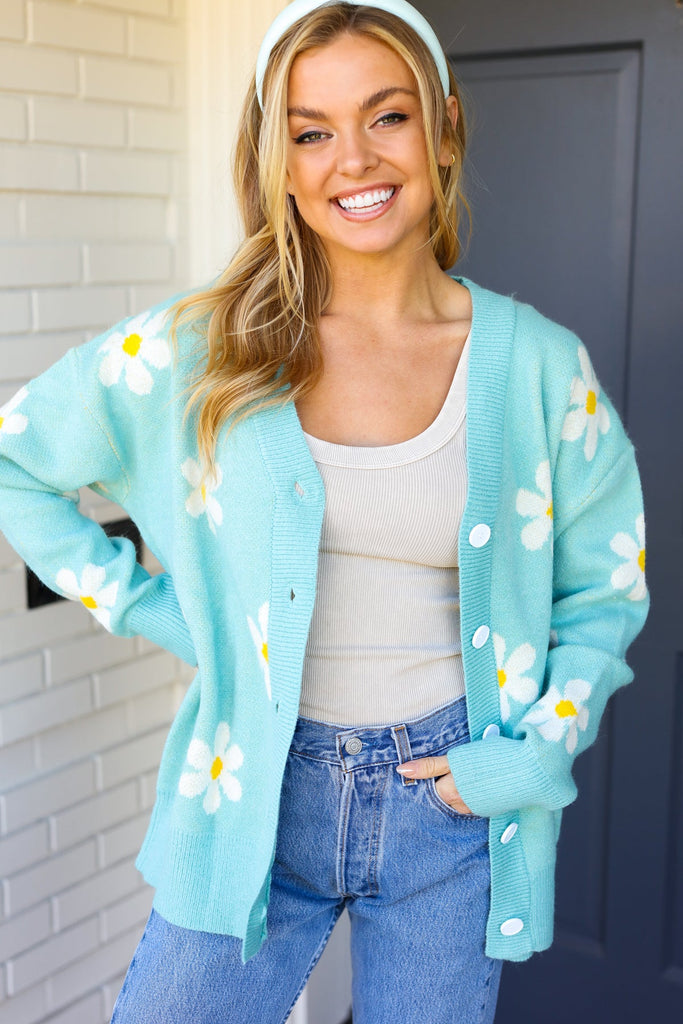 All For Love Mint Daisy Print Button Down Knit Cardigan-Timber Brooke Boutique, Online Women's Fashion Boutique in Amarillo, Texas