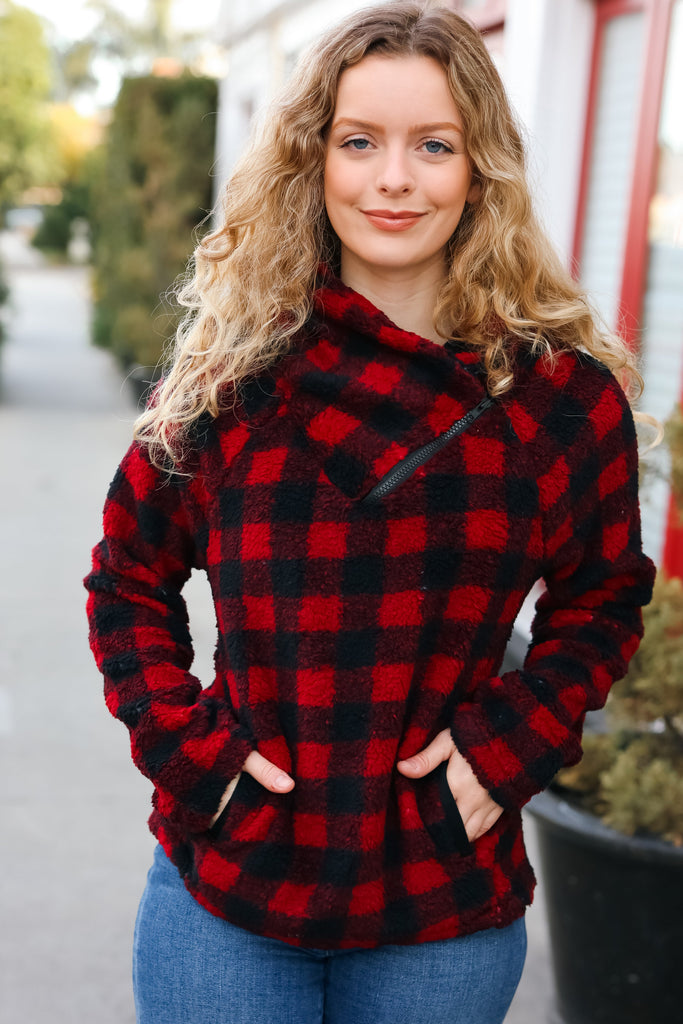 So Cozy Red Sherpa Plaid Asymmetrical Zip Sweater Top-Timber Brooke Boutique, Online Women's Fashion Boutique in Amarillo, Texas
