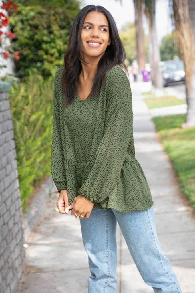 Moss Green Leopard Wool Dobby Woven Knit Top-Timber Brooke Boutique, Online Women's Fashion Boutique in Amarillo, Texas