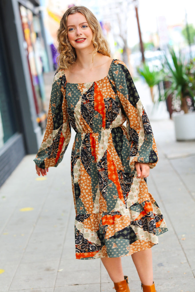 Feeling Bold Taupe & Chocolate Boho Patchwork Midi Dress-Timber Brooke Boutique, Online Women's Fashion Boutique in Amarillo, Texas