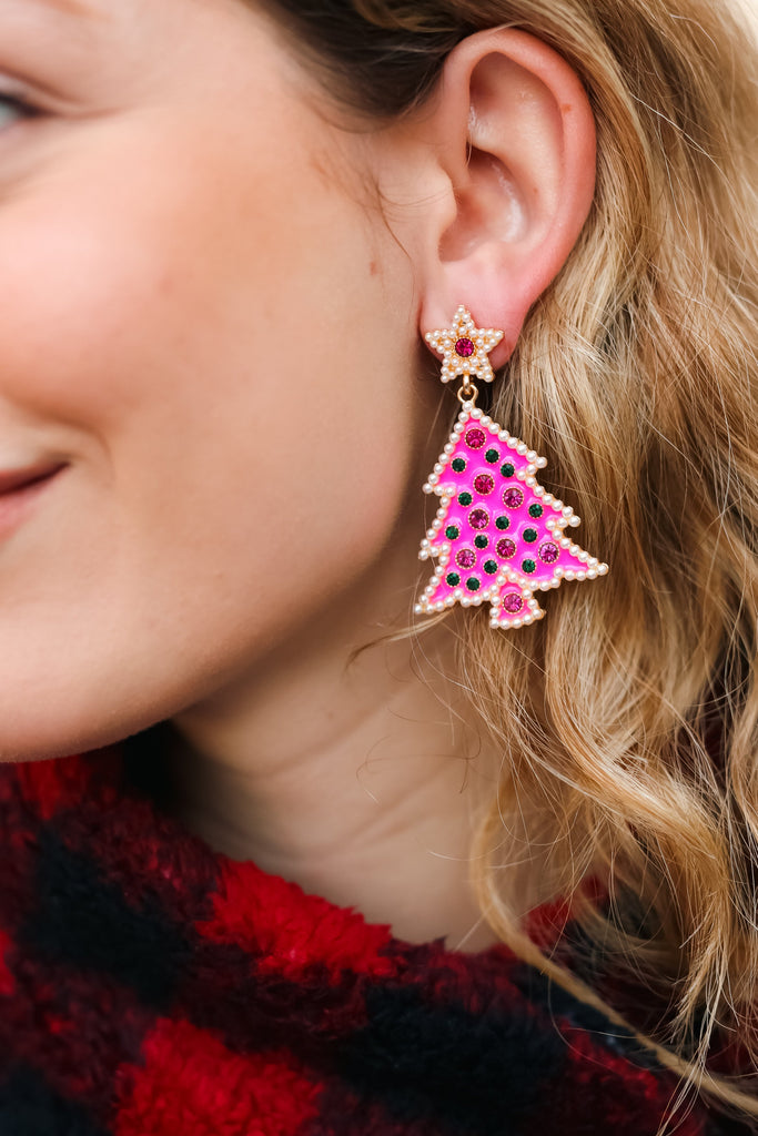 Hot Pink Christmas Tree Rhinestone Metal Dangle Earring-Timber Brooke Boutique, Online Women's Fashion Boutique in Amarillo, Texas