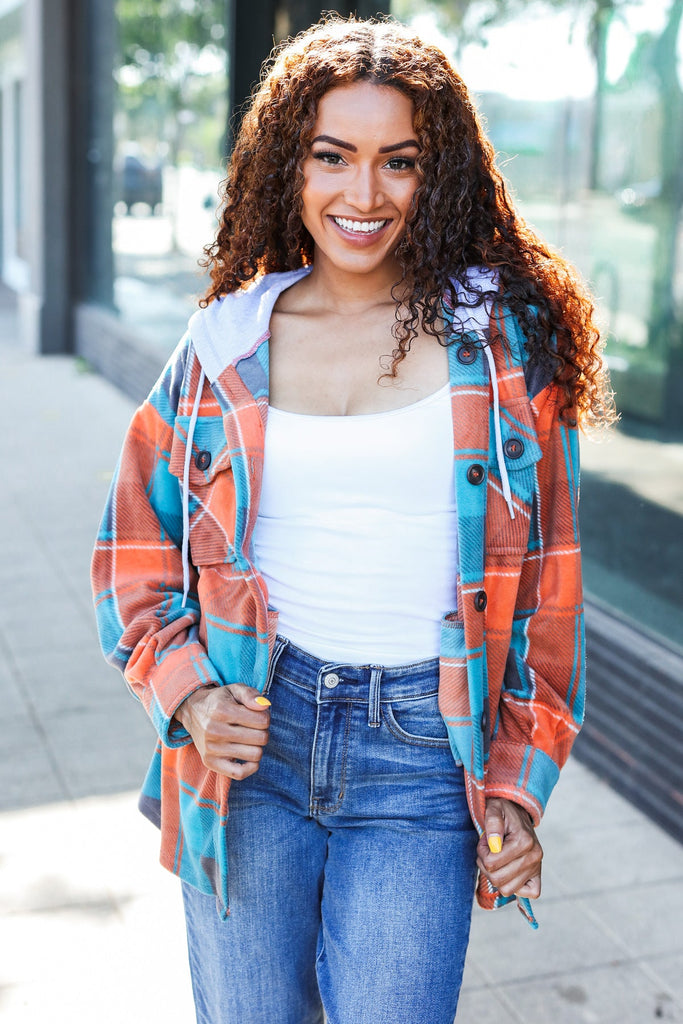 Stand Out Teal & Orange Plaid Fleece Hoodie Shacket-Timber Brooke Boutique, Online Women's Fashion Boutique in Amarillo, Texas