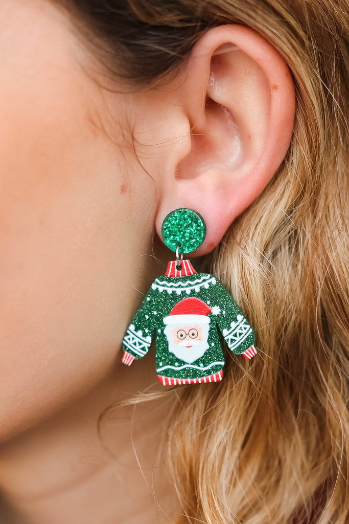 Green Acrylic Santa Dangle Earrings-Timber Brooke Boutique, Online Women's Fashion Boutique in Amarillo, Texas