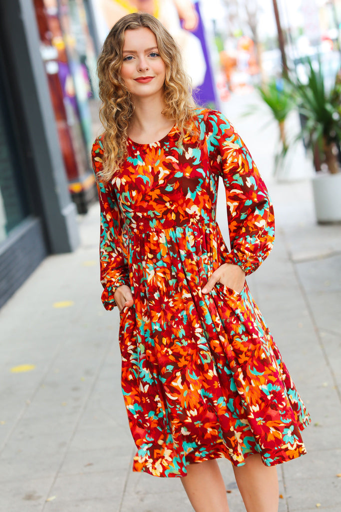 Date Night Ready Burgundy Rust/Jade Floral Print Midi Dress-Dresses-Timber Brooke Boutique, Online Women's Fashion Boutique in Amarillo, Texas