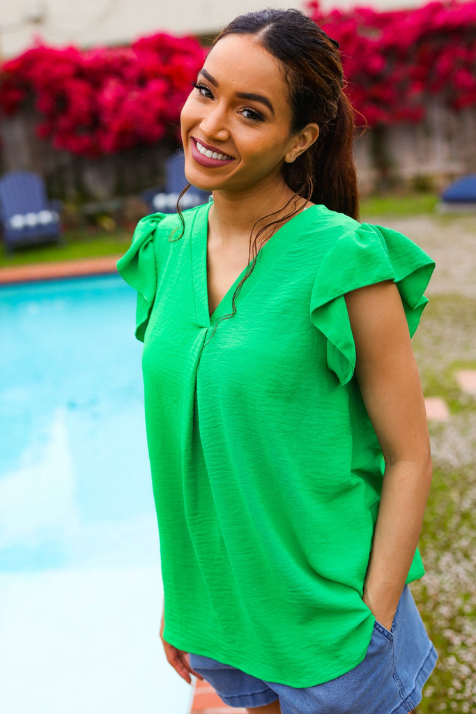 Sunny Days Kelly Green Banded V Neck Flutter Sleeve Top-Timber Brooke Boutique, Online Women's Fashion Boutique in Amarillo, Texas