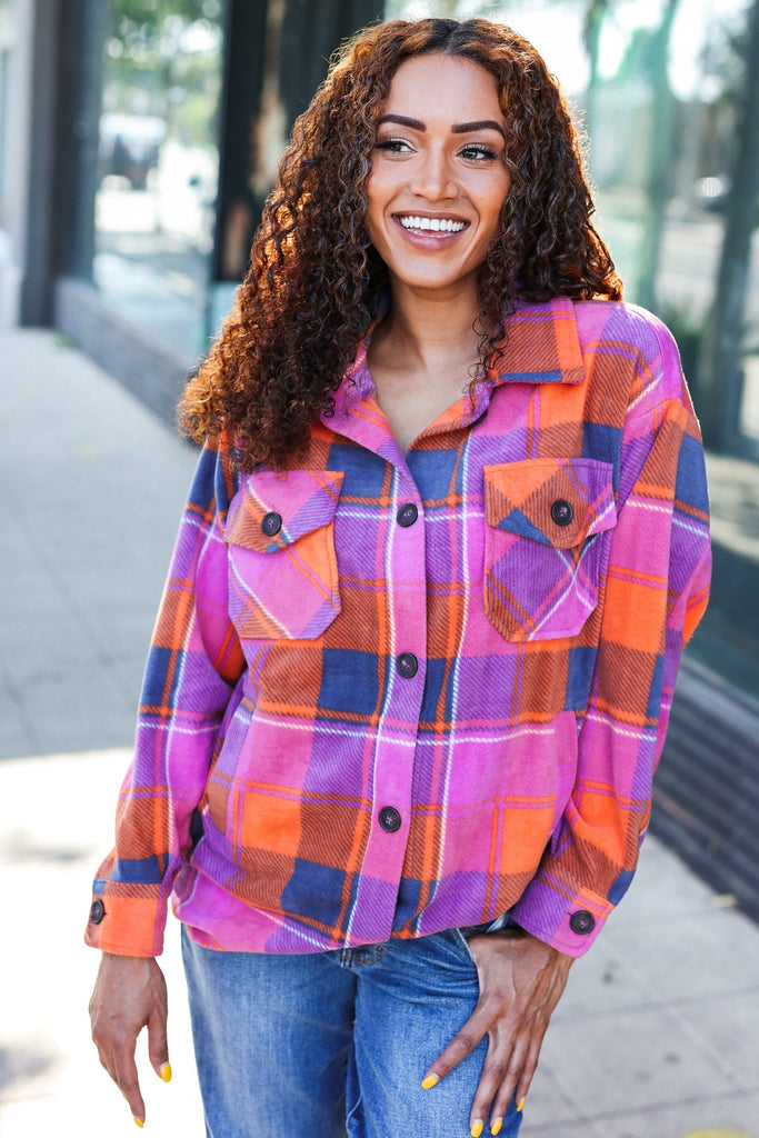 Stand Out Magenta & Orange Plaid Fleece Collared Shacket-Timber Brooke Boutique, Online Women's Fashion Boutique in Amarillo, Texas