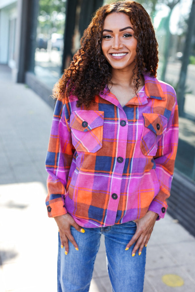 Stand Out Magenta & Orange Plaid Fleece Collared Shacket-Timber Brooke Boutique, Online Women's Fashion Boutique in Amarillo, Texas