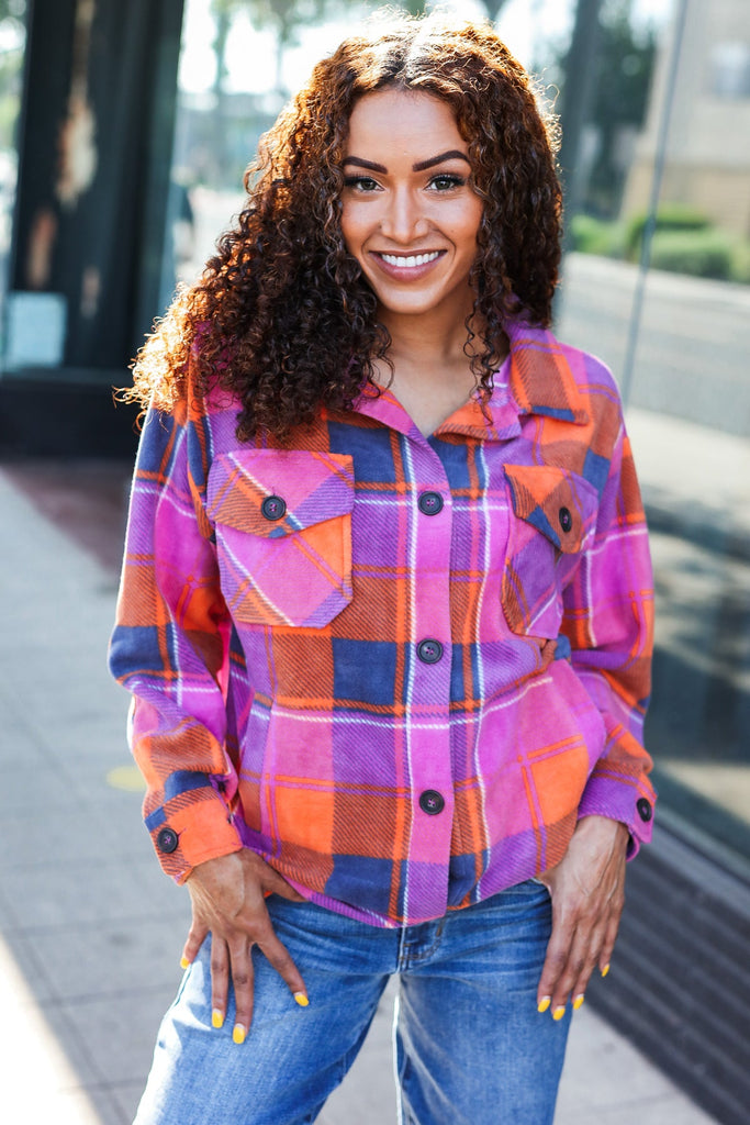 Stand Out Magenta & Orange Plaid Fleece Collared Shacket-Timber Brooke Boutique, Online Women's Fashion Boutique in Amarillo, Texas