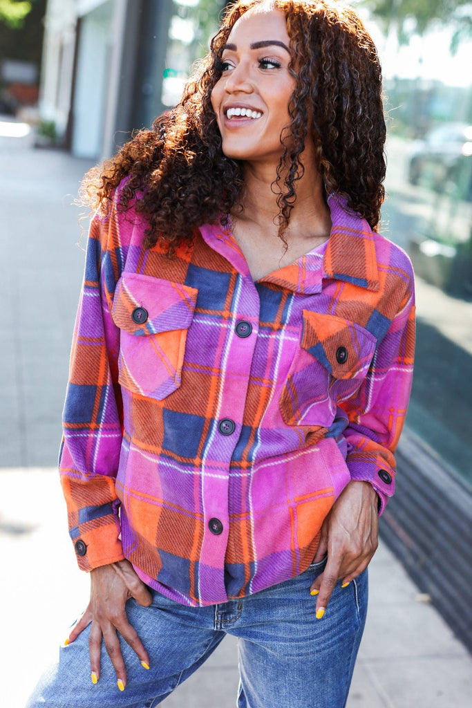 Stand Out Magenta & Orange Plaid Fleece Collared Shacket-Timber Brooke Boutique, Online Women's Fashion Boutique in Amarillo, Texas