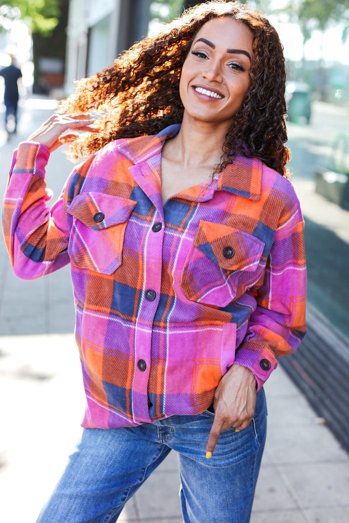 Stand Out Magenta & Orange Plaid Fleece Collared Shacket-Timber Brooke Boutique, Online Women's Fashion Boutique in Amarillo, Texas