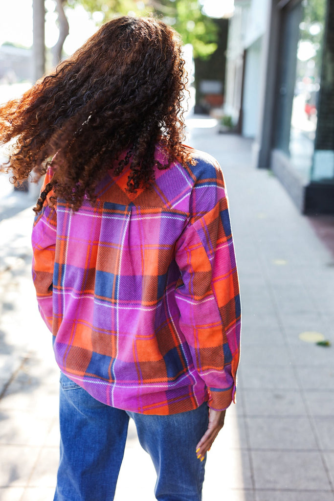 Stand Out Magenta & Orange Plaid Fleece Collared Shacket-Timber Brooke Boutique, Online Women's Fashion Boutique in Amarillo, Texas