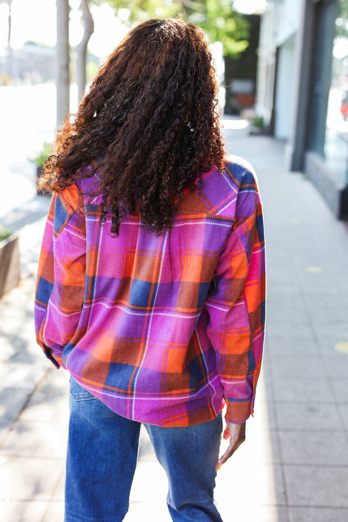 Stand Out Magenta & Orange Plaid Fleece Collared Shacket-Timber Brooke Boutique, Online Women's Fashion Boutique in Amarillo, Texas