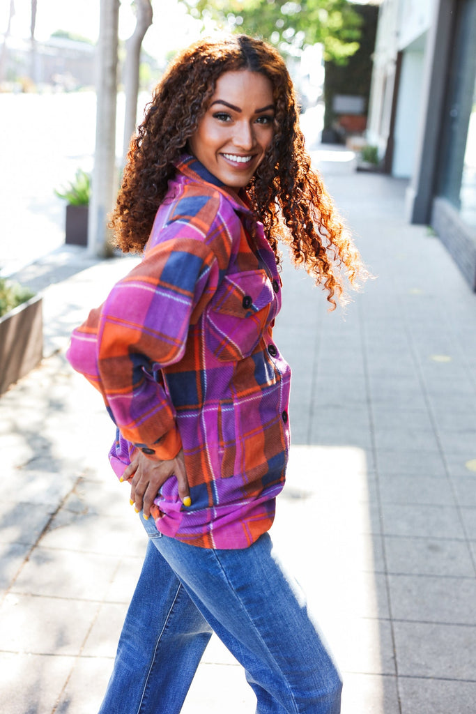 Stand Out Magenta & Orange Plaid Fleece Collared Shacket-Timber Brooke Boutique, Online Women's Fashion Boutique in Amarillo, Texas