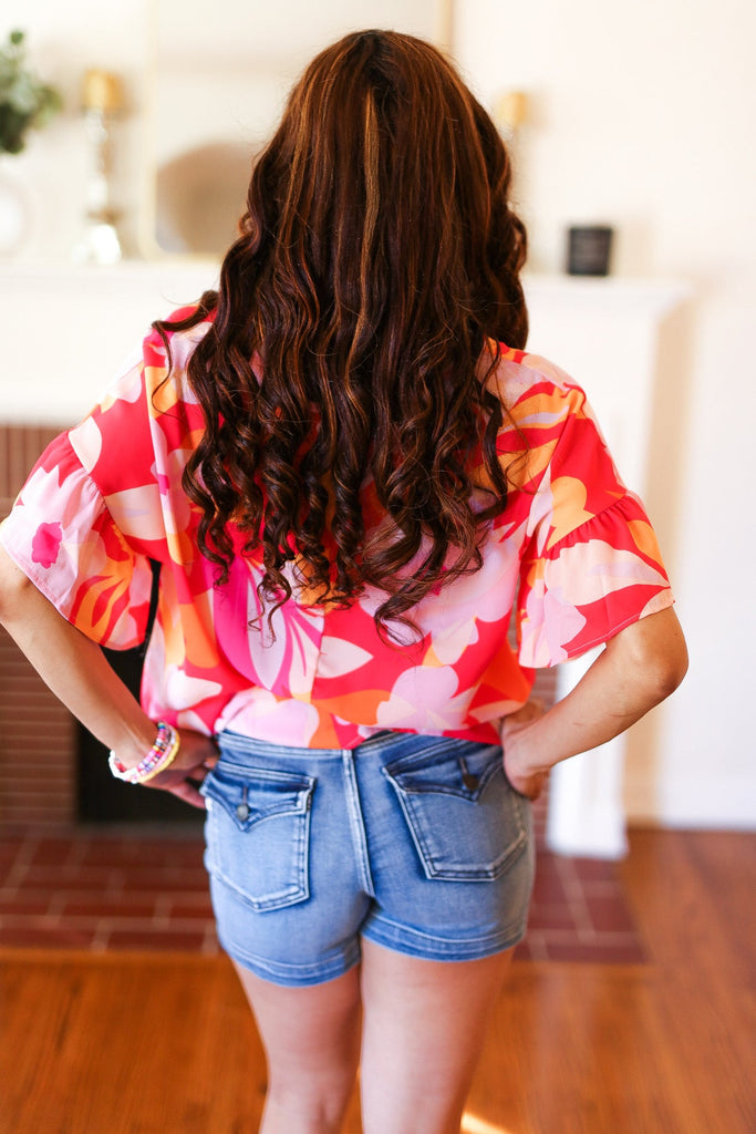 Tropical Vibes Peach Floral Dolman Ruffle Frill Sleeve Blouse-Timber Brooke Boutique, Online Women's Fashion Boutique in Amarillo, Texas