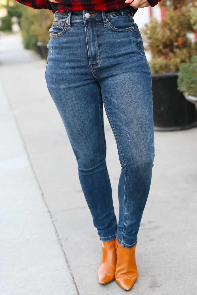 Going Up Dark Denim High Waist Distressed Skinny Jeans-Timber Brooke Boutique, Online Women's Fashion Boutique in Amarillo, Texas