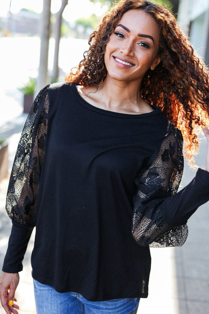 Feeling Femme Black Lace Bubble Sleeve Hacci Sweater Top-Timber Brooke Boutique, Online Women's Fashion Boutique in Amarillo, Texas