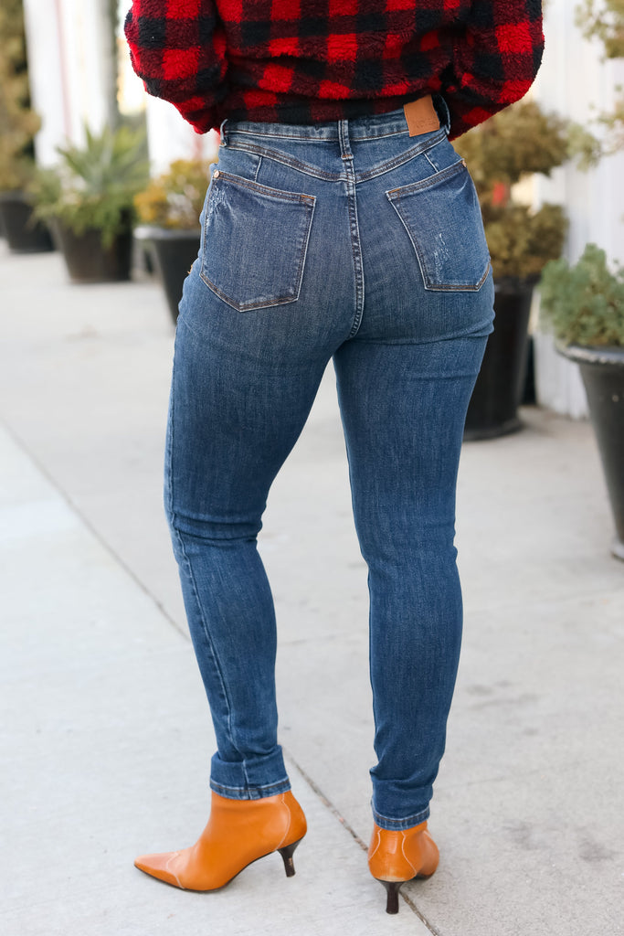 Going Up Dark Denim High Waist Distressed Skinny Jeans-Timber Brooke Boutique, Online Women's Fashion Boutique in Amarillo, Texas