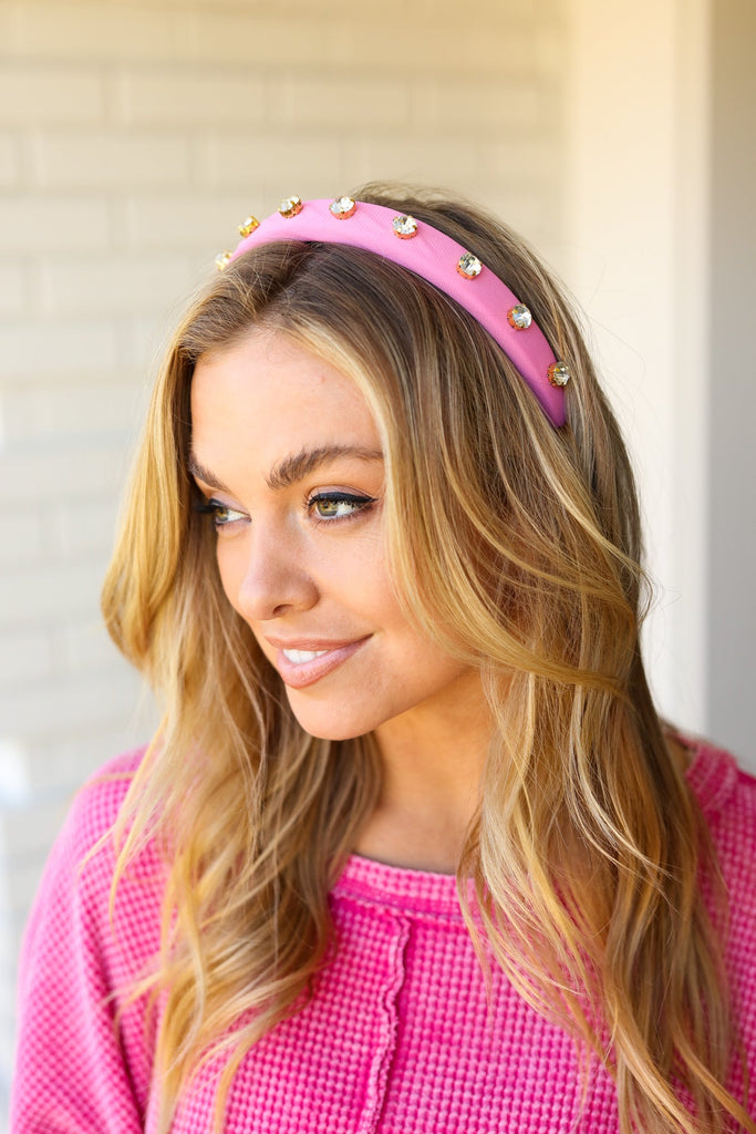 Flamingo Pink Rhinestone Slim Headband-Timber Brooke Boutique, Online Women's Fashion Boutique in Amarillo, Texas