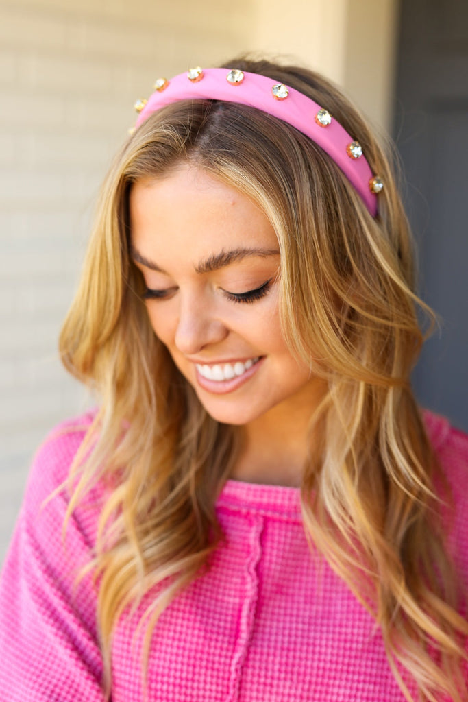 Flamingo Pink Rhinestone Slim Headband-Timber Brooke Boutique, Online Women's Fashion Boutique in Amarillo, Texas