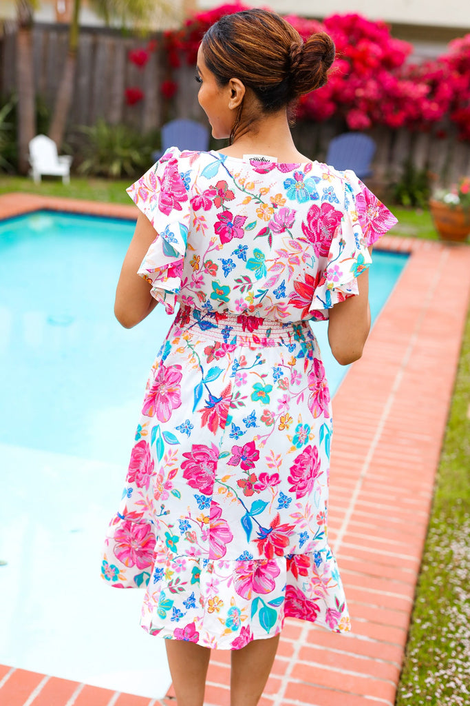 Hello Beautiful Ivory & Fuchsia Floral Sequin Smock Waist Midi Dress-Timber Brooke Boutique, Online Women's Fashion Boutique in Amarillo, Texas